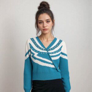 Vintage Lauren Cole Petites Blue & White Pearl Embellished Angora Sweater